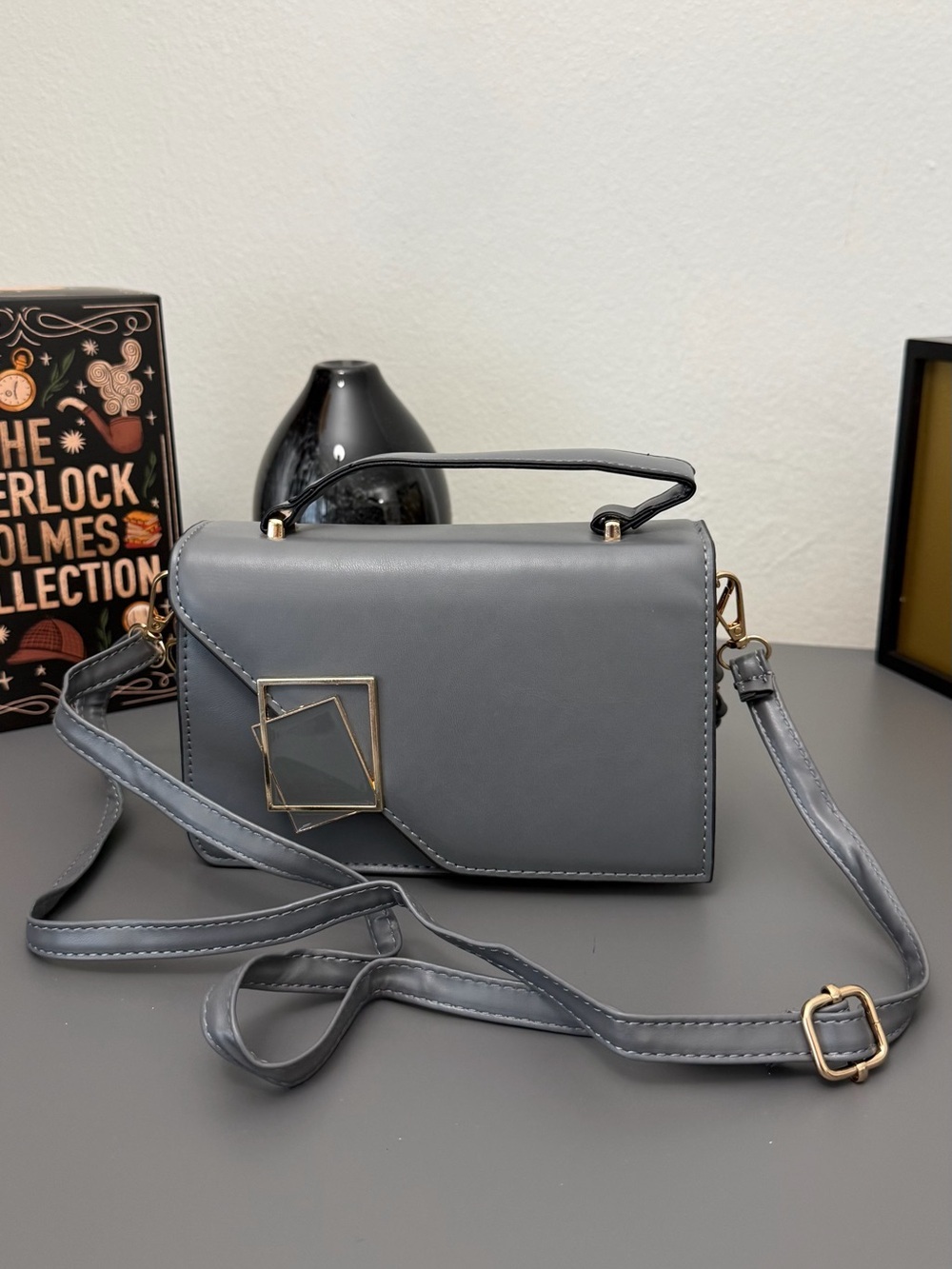 New Gray Top Handle Crossbody Bag Geometric Buckle Faux Leather Structured